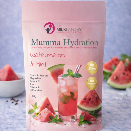 Mumma Hydration watermelon and mint flavor package with watermelon slices in the background.