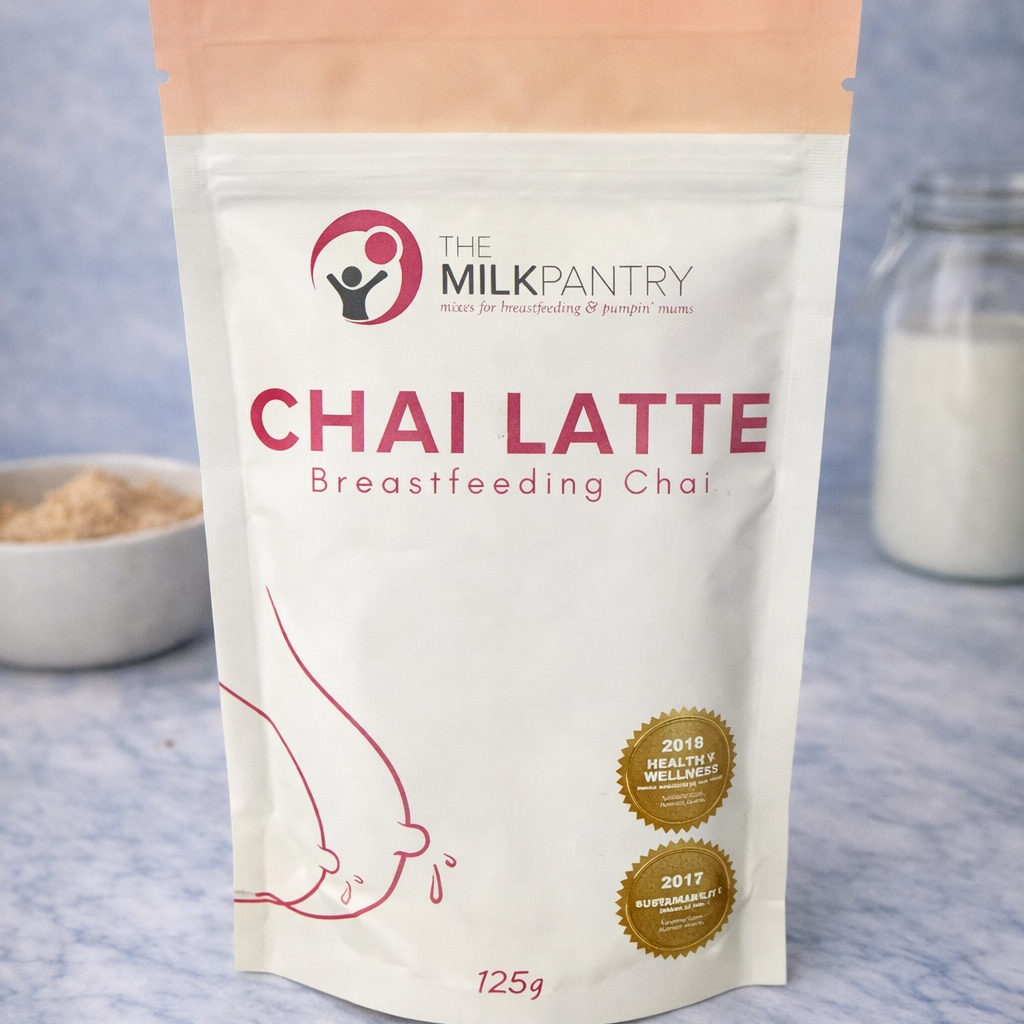 Bag of The Milk Pantry Chai Latte on a blue marble surface