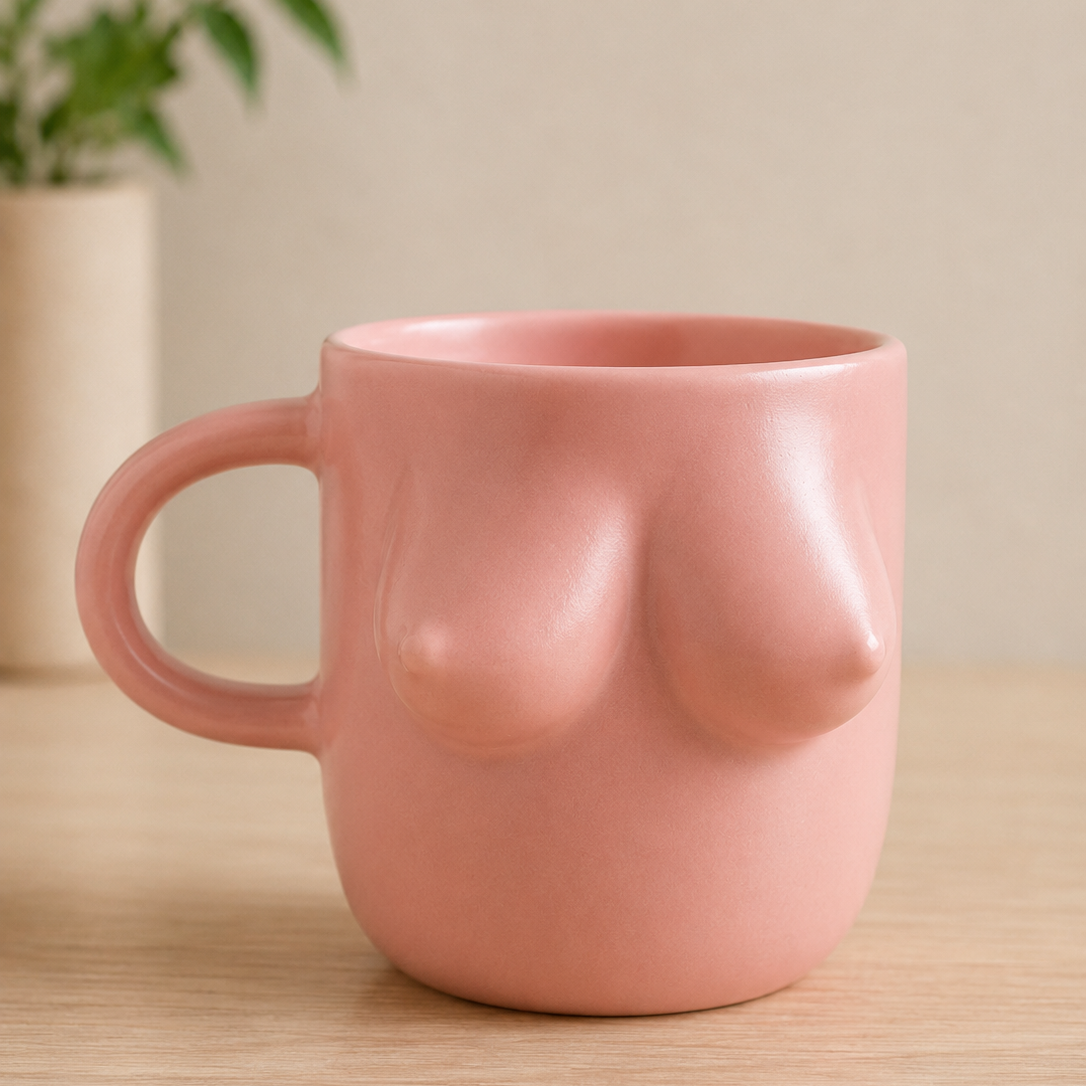 Pink mug shaped like a breast on a wooden surface with a plant in the background