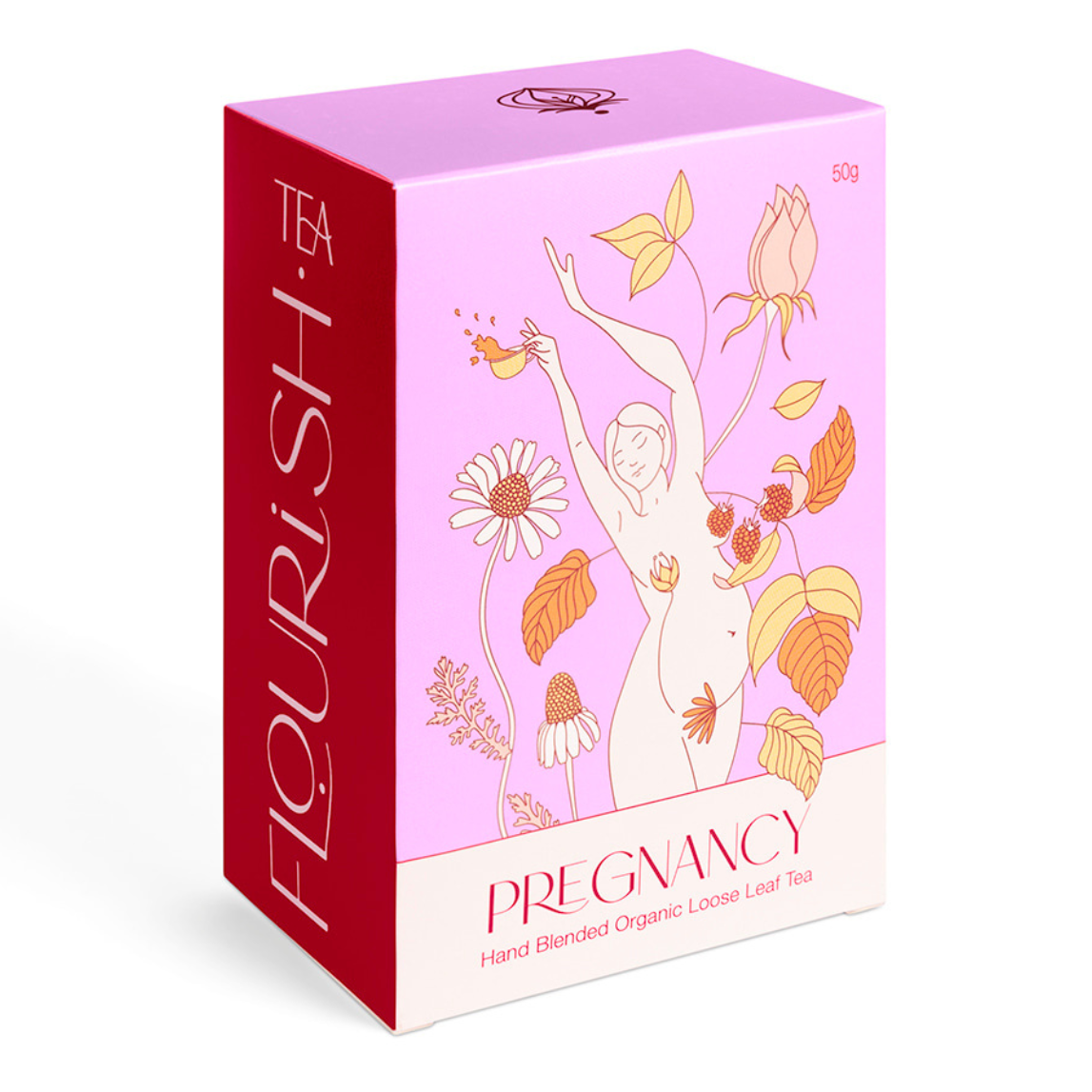 Flourish Pregnancy Tea box with artistic design on a white background