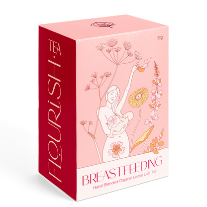 Box of Flourish Breastfeeding tea on a white background