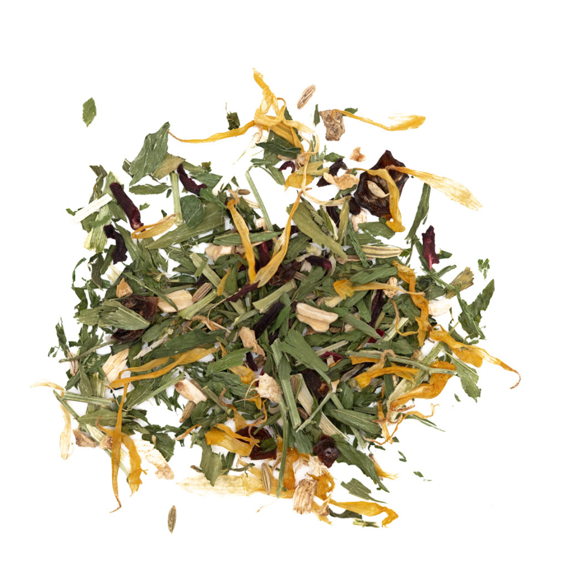 Assorted dried herbs and spices on a white background