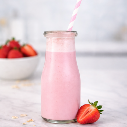 Pink strawberry milk in a glass bottle with a straw, surrounded by strawberries on a light background