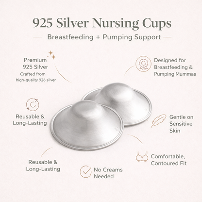 925 Silver Nursing Cups with features listed on a white background
