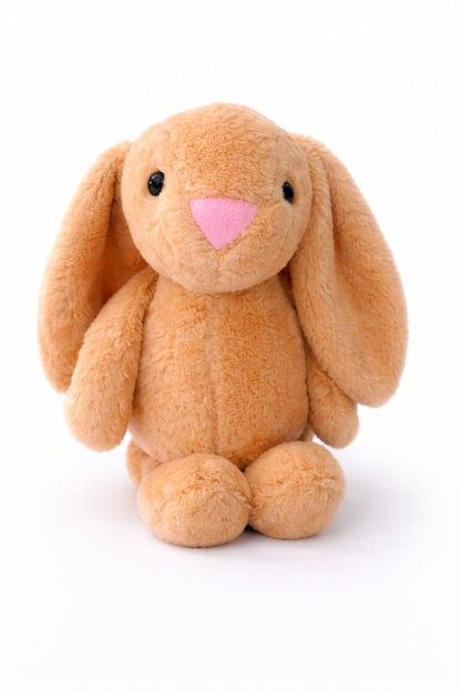 Brown plush bunny toy with a pink nose on a white background