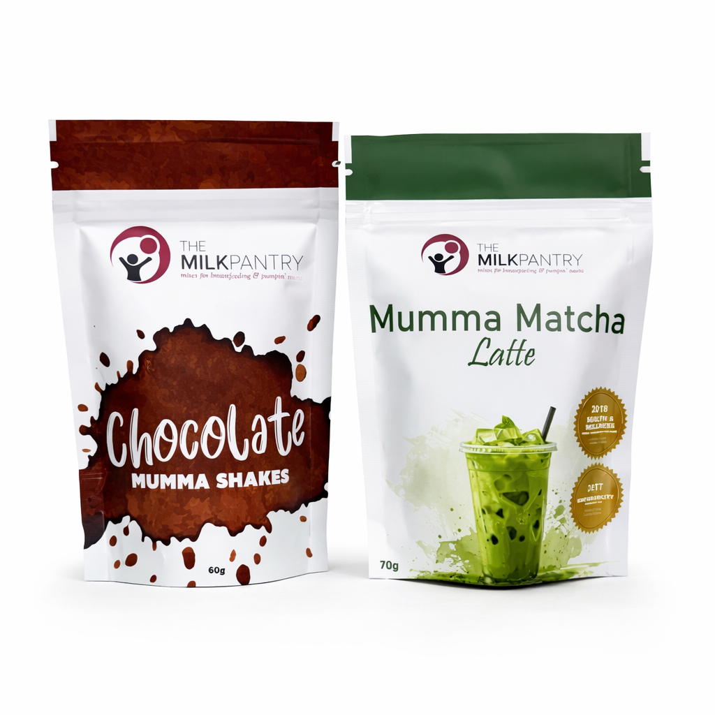 Two packages from The Milk Pantry, one for Chocolate Numma Shakes and the other for Mumma Matcha Latte, on a white background.