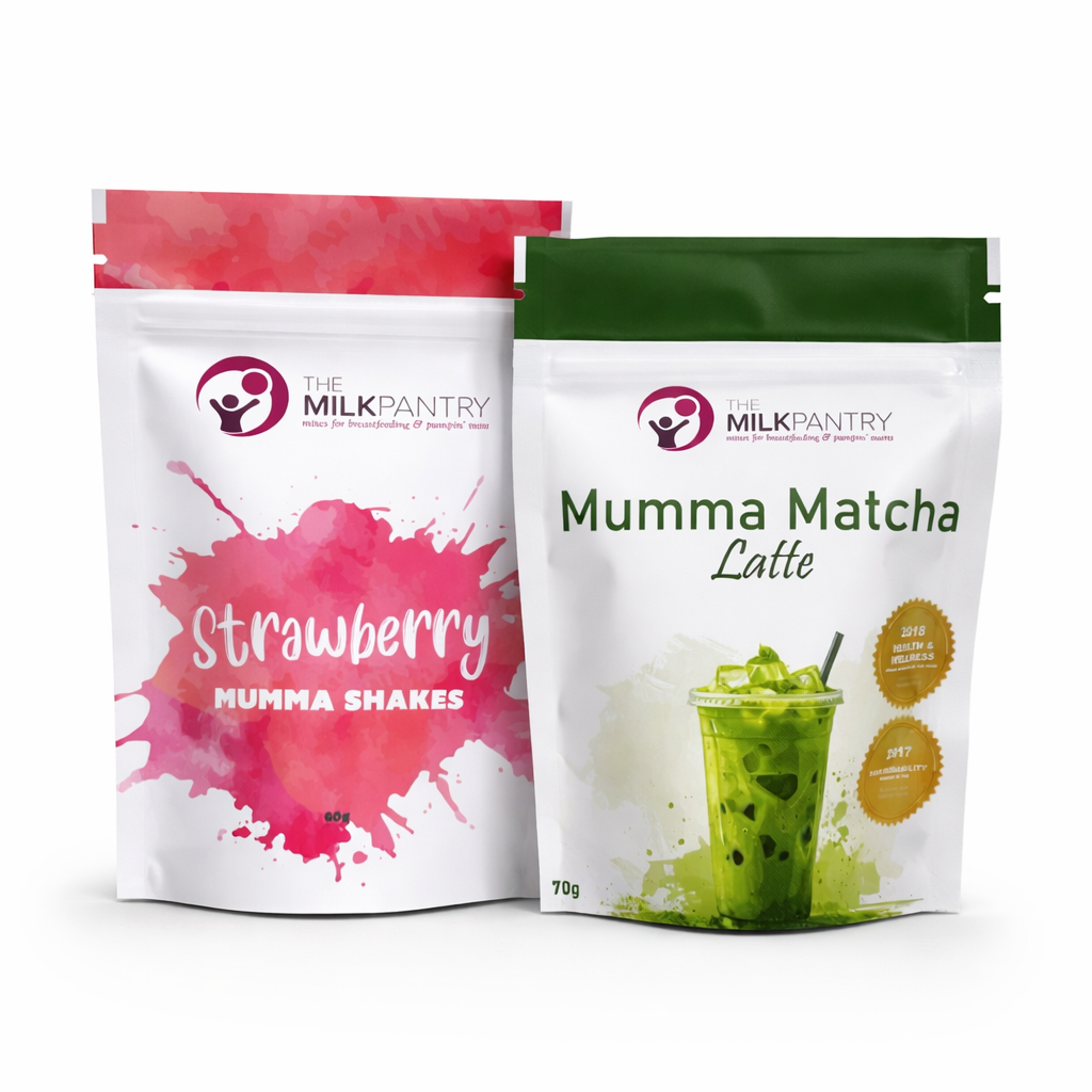 Two packages of Milk Pantry products, one strawberry and one matcha latte, on a white background.
