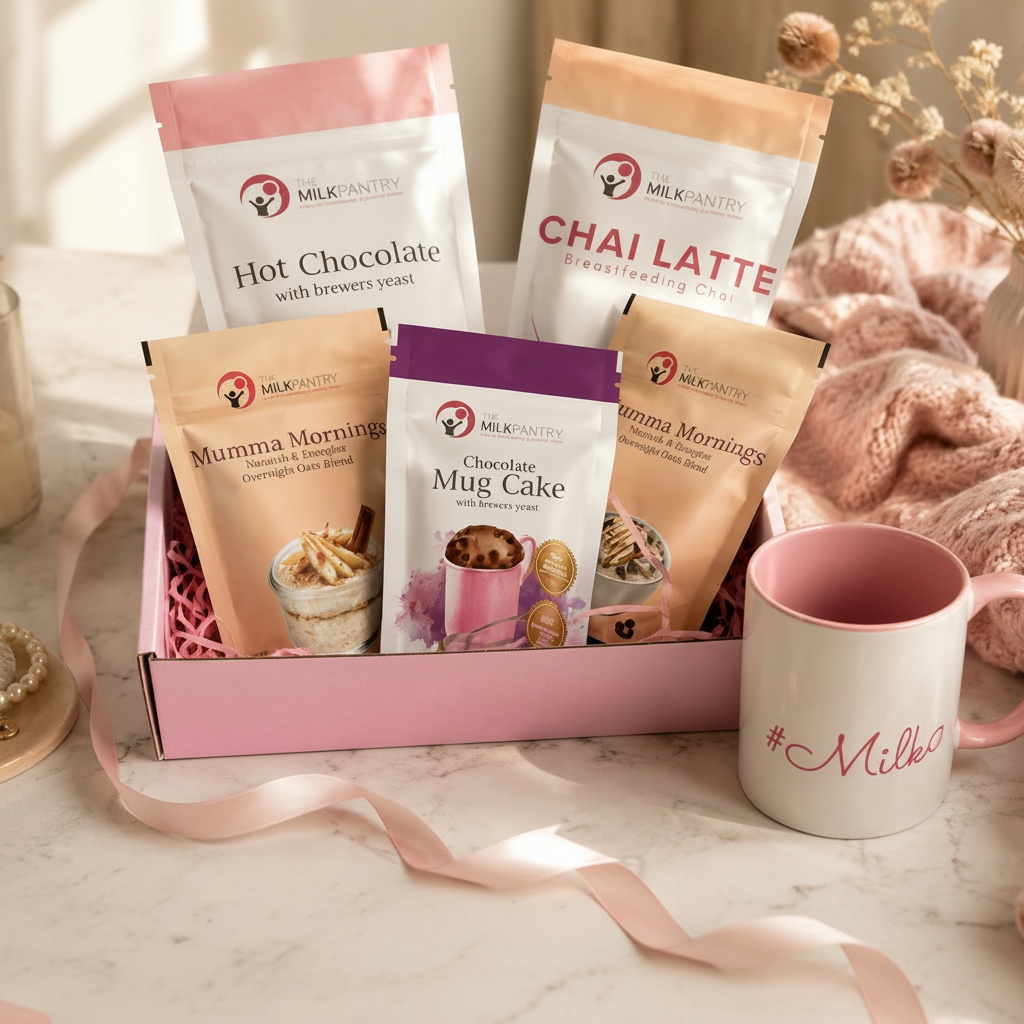 A pink gift box filled with Milk Creator branded hot chocolate and tea mixes, alongside a pink mug, set on a marble surface with soft pink knit fabric and dried flowers in the background.