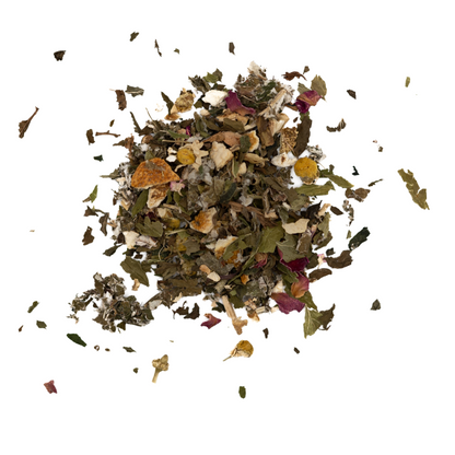 Heap of dried herbs and flowers on a white background