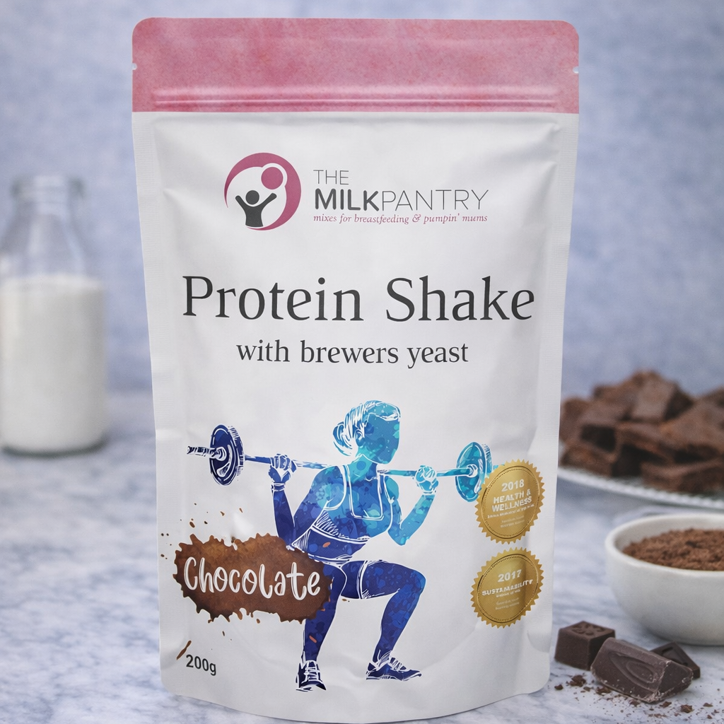 Protein shake package with chocolate flavor on a textured surface